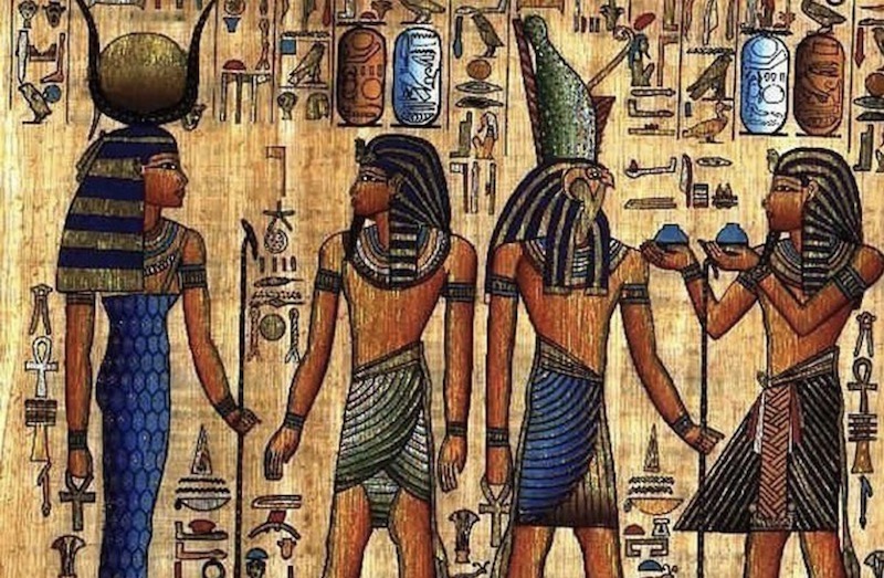 Символы божественной власти (посохи, «анхи» и лампа на голове) древнеегипетских владык