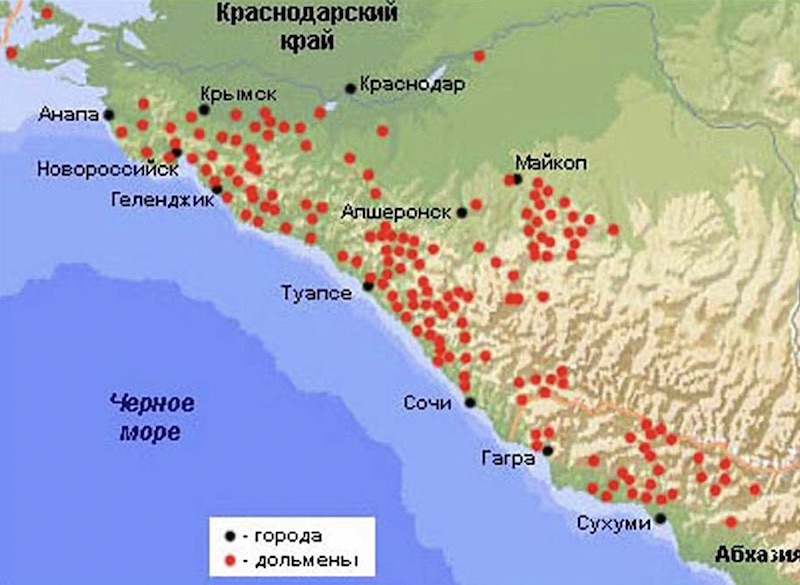 Расположение дольменов на Кавказе 