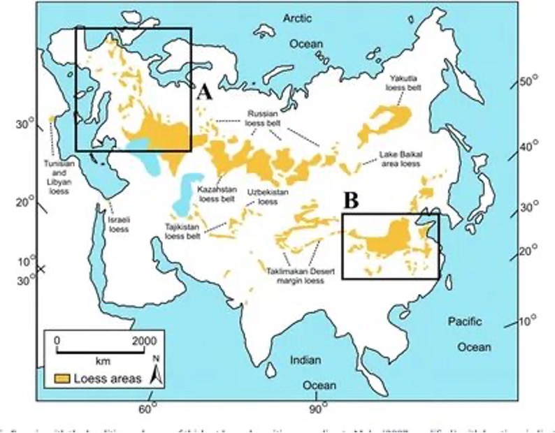 Рис. 6. Лёссовые отложения в Европе (А), Сибири, Якутии и Китае (А)