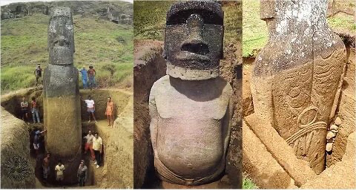 Раскопки статуи маои, занесенной глинистым грунтом