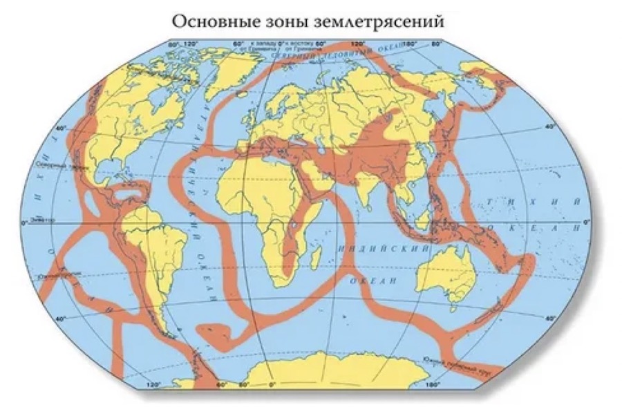 Основные зоны землетрясений на границах тектонических плит